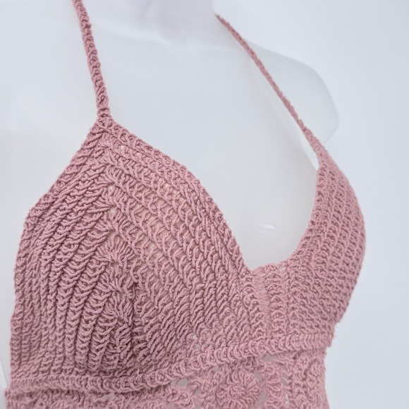 Crochet Fringe Halter Crop Top Womens sz S Boho Summer Festival Beach - Picture 2 of 10